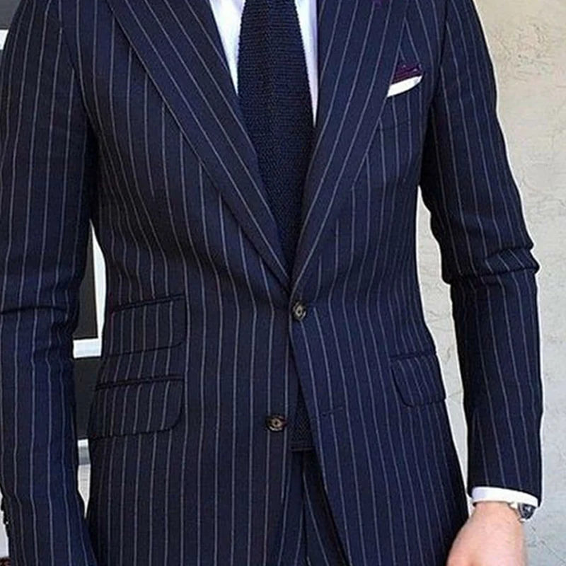 2 Piece Pinstripe Men's Suit Slim Fit for Formal Wedding Tuxedo Notched Lapel Navy Blue Striped Business Groom Male Fashion 4