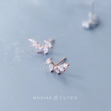 Modian сверкающие серьги-гвоздики с ромбами из чистого циркона и перьев, Настоящее 925 пробы, серебро, розовое золото, ювелирное изделие для женщин