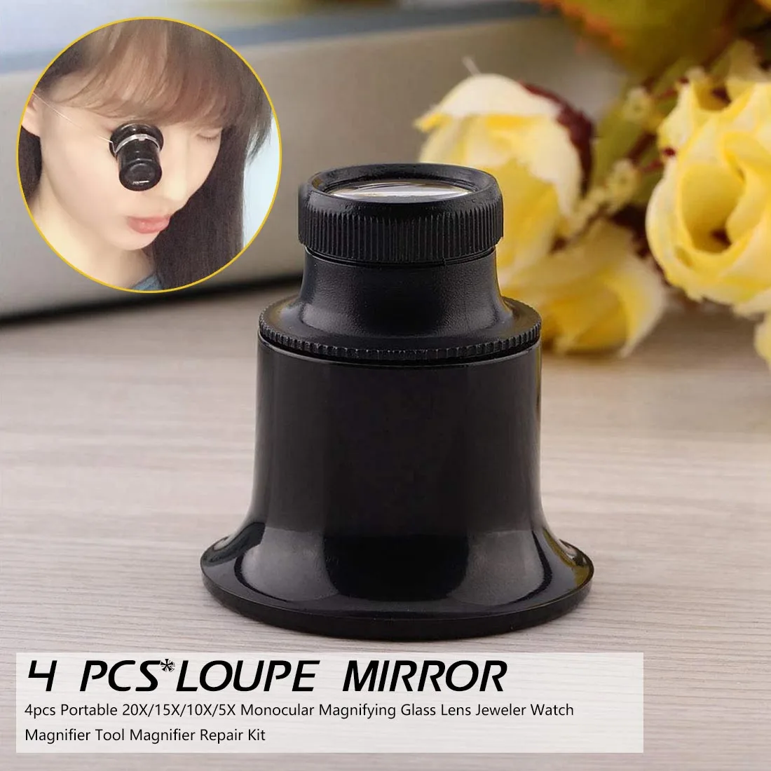 

Eye Clip Magnifying Glass 4pcs Portable 20X/15X/10X/5X Monocular Magnifying Glass Lens Jeweler Watch Magnifier Tool