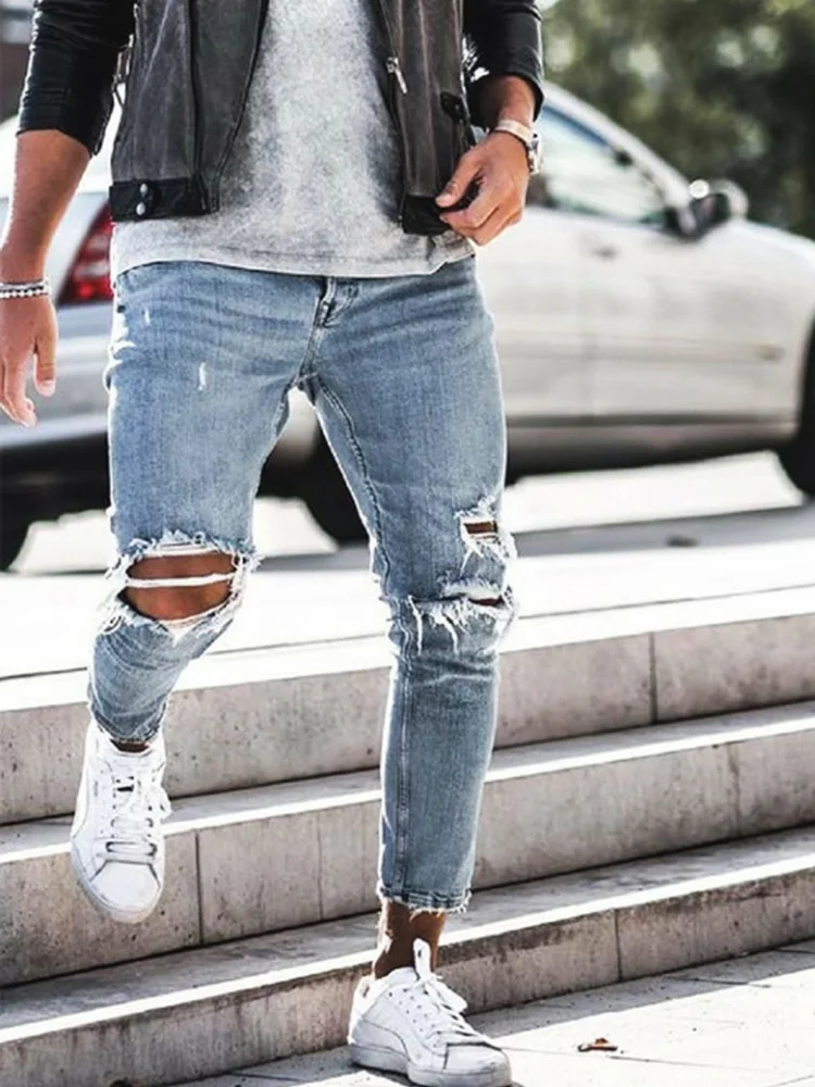 Ripped Jeans Men Casual Skinny Pencil Pants Male Hole Street Hip Hop  Trousers Slim Biker High Quality Denim Clothing|Jeans| - AliExpress