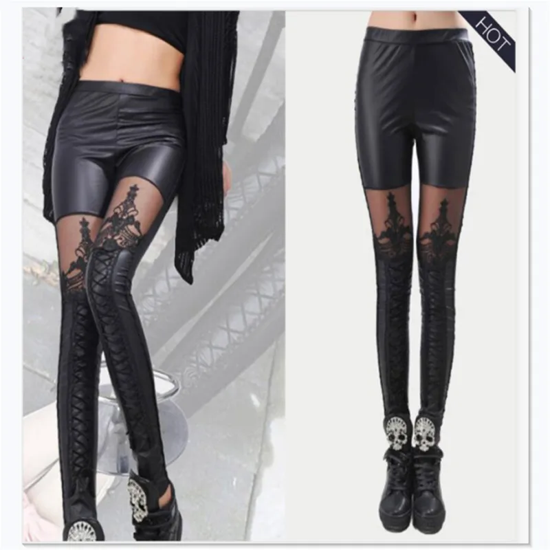 

2019 Sexy Women Wet Look Stretchy Pants Lace Embrodiery Faux Leather Skinny Leggings Pencil Trousers Autumn Winter warmer