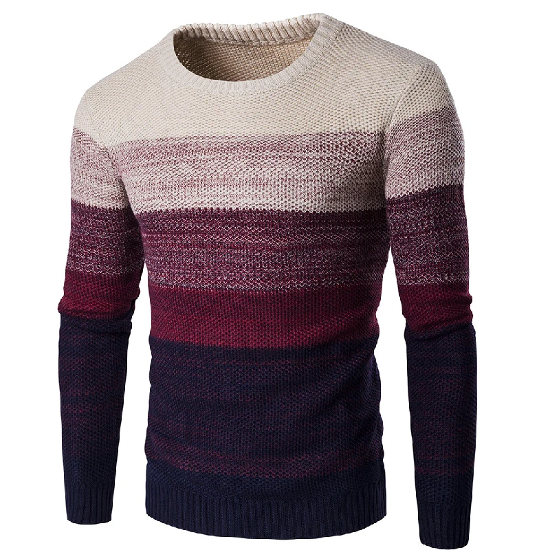 Suéter a rayas para hombre, Invierno 2019, Jersey informal para hombre, jersey de manga larga de punto con cuello redondo y Color degradado, jerséis para hombre de talla grande S-2XL