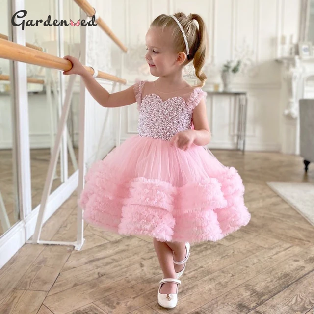 Gardenwed Pink Princess Dress Pearl Beaded Puffy First Communion Dress Flower Girl Dresses Cute Children Girls Dress First Gown All Pink