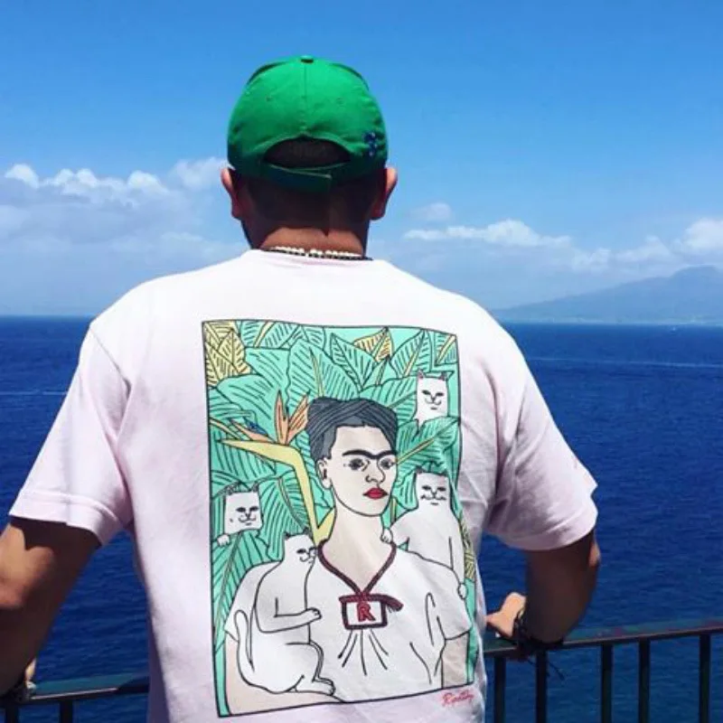 

MEN'S WEAR Popular Brand Fashion Clothing Hiphop Middle Finger Cat Abstract Oil Painting Short Sleeve T-shirt Hip Hop Bboy Fixed