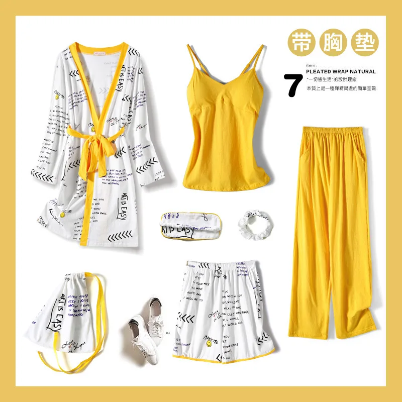 

New Style Pajamas Women's Seven Pieces Nightgown Sexy Camisole Pure Cotton Long Sleeve Tracksuit Spring And Autumn Summer Korean