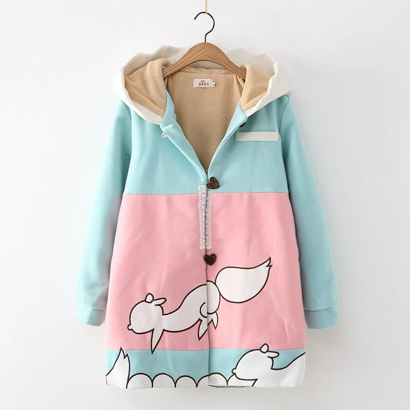 

19 Winter New Style Japanese-style Mori Girl Line GIRL'S Sweet Cute Mixed Colors Fox Printed Long Sleeve Woolen Jacket Women's