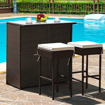 

Costway 3PCS Patio Rattan Wicker Bar Table Stools Dining Set Cushioned Chairs Garden