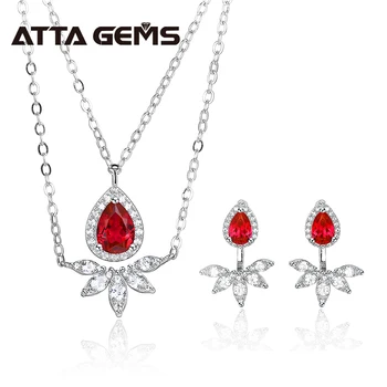 

Ruby Sterling Silver Jewelry Set Women Wedding Engagement Jewelry Set Created Ruby Pear Cut White Sapphire S925 Jewelry
