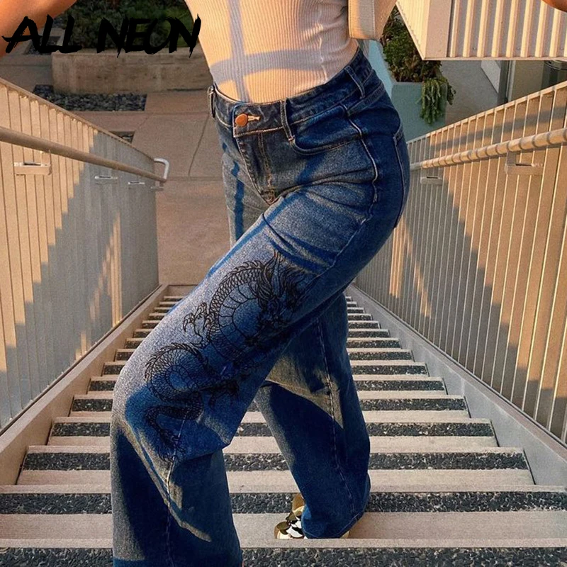 

ALLNeon E-girl Vintage Streetwear Dragon Pattern Flare Jeans 90s Fashion High Waist Y2K Pants Autumn Demin Casual Trousers 90s