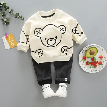 

Double velvet suit for girls clothes boy clothing set cartoon bear parttern top + Corduroy pants autumn winter children clothing