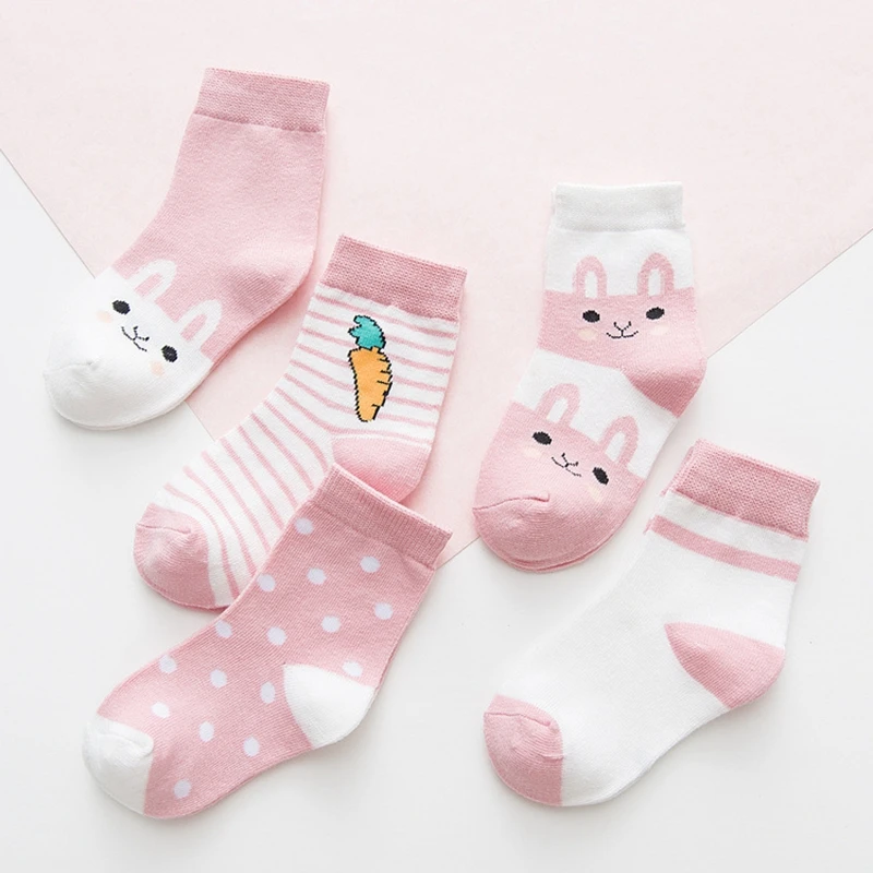 Pink 5 пар/лот, носки для малышей милые хлопковые носки с рисунком кролик с морковкой для мальчиков и девочек, детские дышащие теплые носки на осень-зиму для детей 0-9 лет - Цвет: Pink