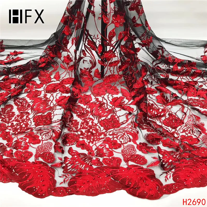 

HFX Red African lace 2019 Embroidery Beaded Stones Mesh Lace Fabric African Wedding Tulle Lace X2690