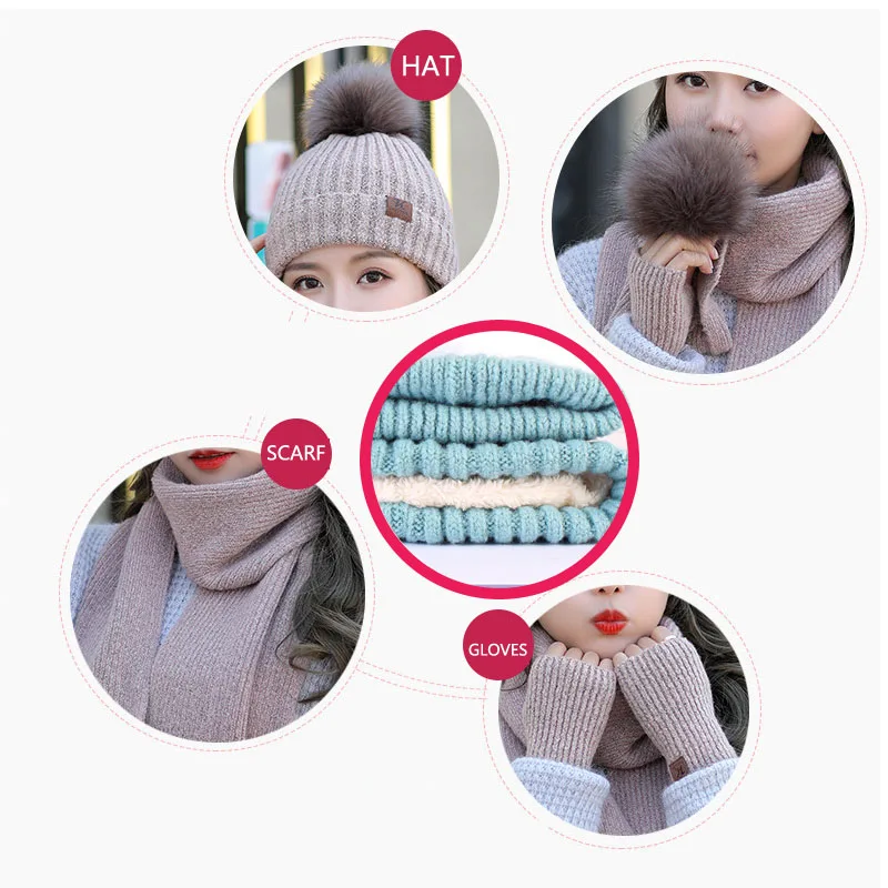 Шерстяные вязаные зимние шапки для женщин, шапка, шарф, перчатка, комплект из 3 предметов, модные pom cap Gorros шапка куполообразная