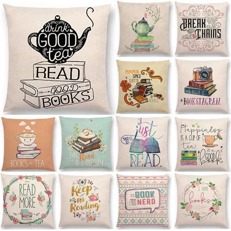 Fashion Letter Enjoy Time Tea Square Sofa Cushion Cover Books Art Printed Cotton Linen Pillow Case 18&quot | Дом и сад