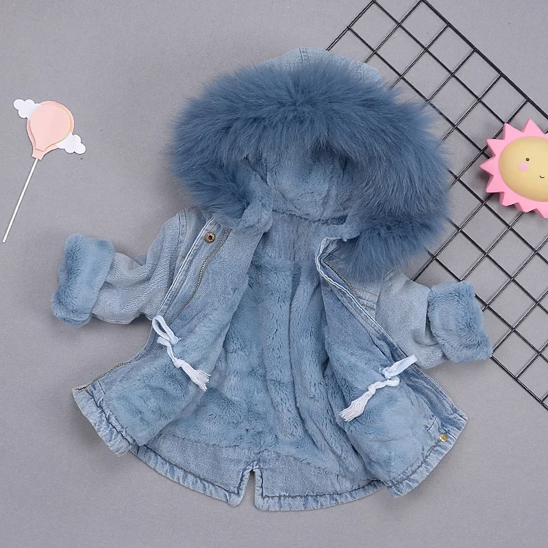 Girls Winter Coats New Children Denim Jacket Plus Velvet Real Fur Warm Toddler Girl Outerwear Coat Baby Winter Girl Parka