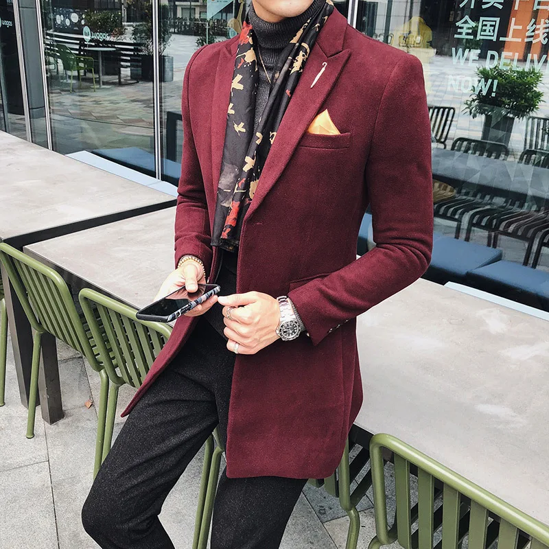 Wine red Однотонный Длинный блейзер для мужчин, Ретро стиль, приталенный Блейзер, Hombre, Повседневный, шерсть, Мужское пальто, высокое качество, дизайнерский блейзер - Цвет: Wine red