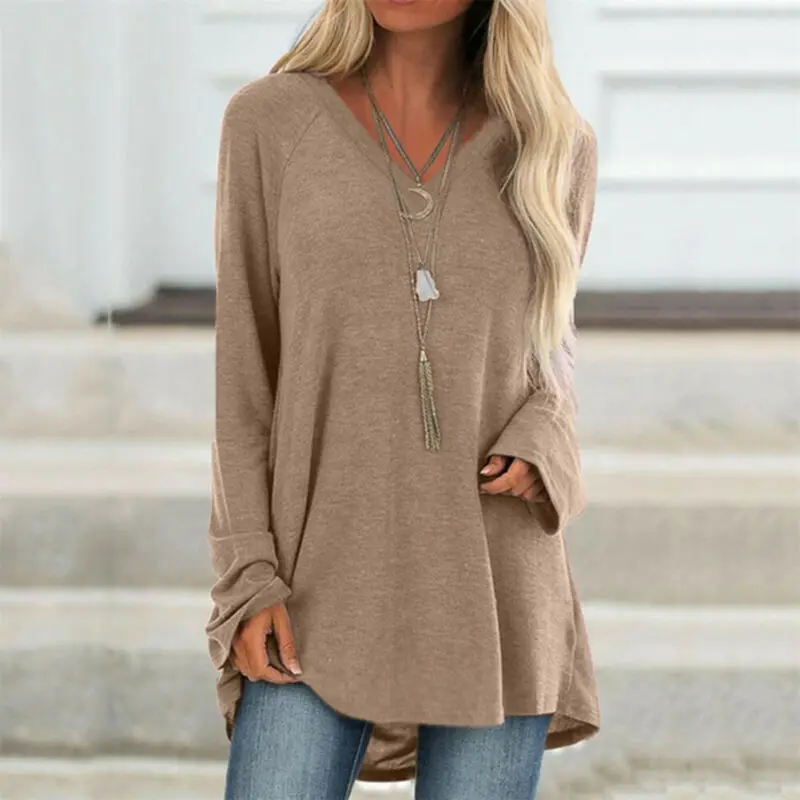 

Women Loose Baggy T-Shirt Autumn Long Sleeve V Neck Pullover Jumper Spring Casual Tunic Solid Stylish Streetwear Tops Plus Size