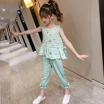 

Green Orange Teenage Summer Ruffles Tops Blosues + Pants 2020 Girls Clothing Sets Outfits Girl Clothes 2PCS Kids Sets For Girls