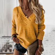 

New Women Blouse Casual Solid Knitted Sweatshirt Autumn Winter Long-Sleeve Sweatshirt Hoodie V-neck Tops Ladies Pullover Jumpers