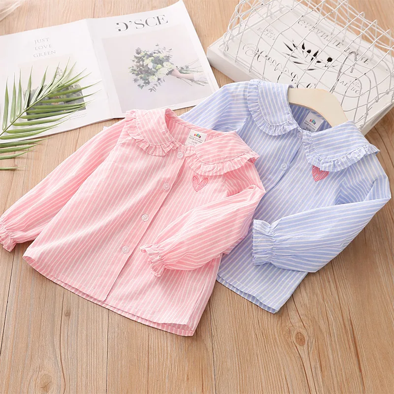 Spring Autumn 2 3 4 5 6 8 10 Years Children Long Trumpet Sleeve Striped Doll Collar Cotton Kids Baby Blouse Shirt For Girls