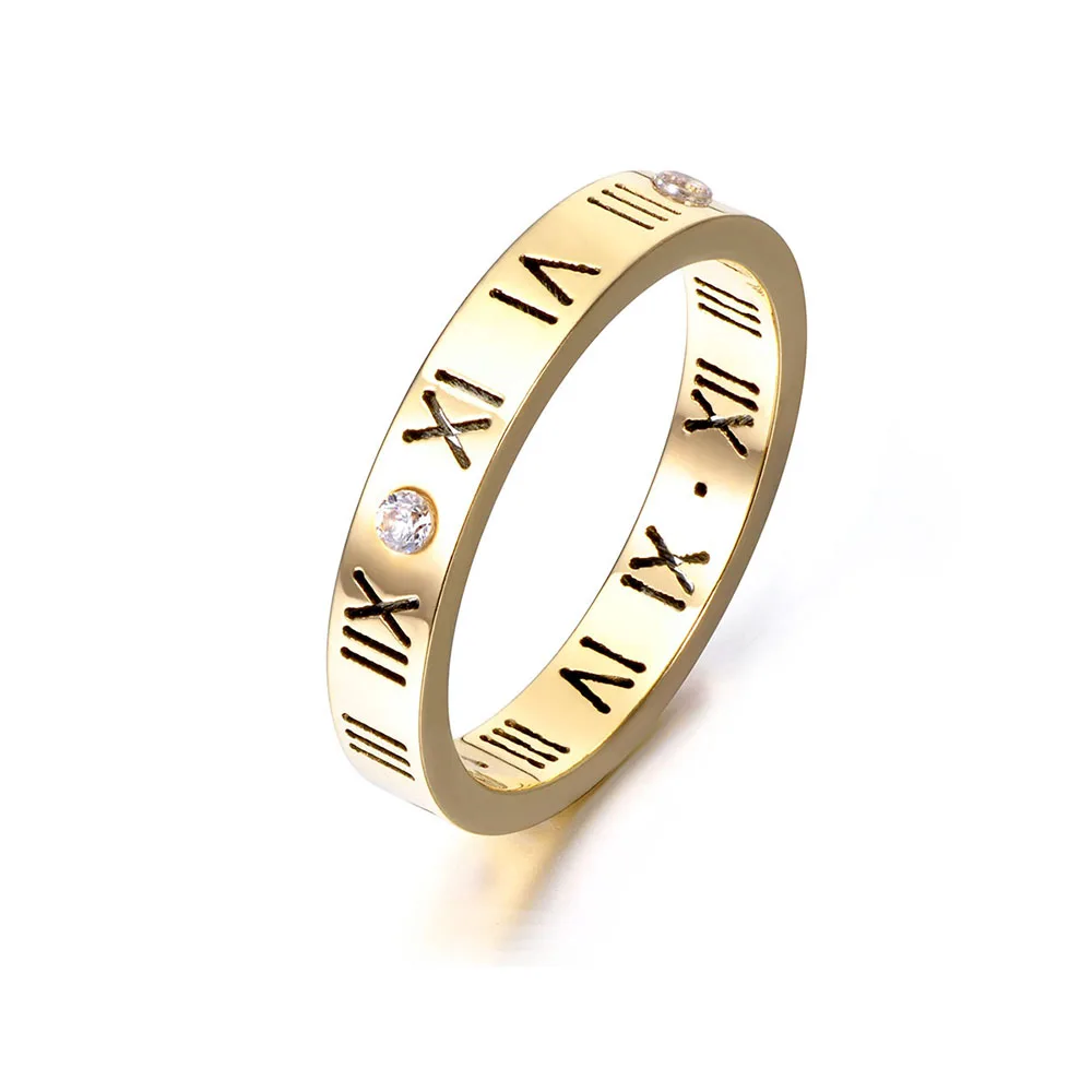 Stainless Steel Bangle Roman Numeral CZ Gold Plated