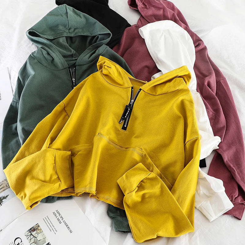

Korean 2019 new loose loose zipper pocket hooded short bf wind casual simplestudent