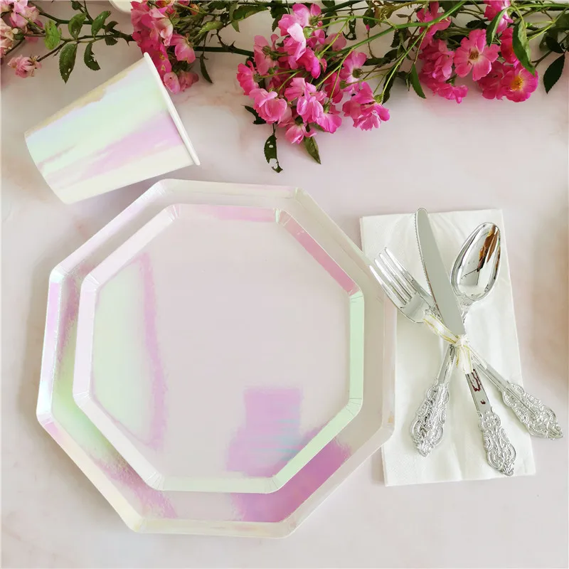 Rose Gold Disposable Tableware sets Paper Plates/cups/straws Iridescent Wedding Birthday Party Decor rainbow Dish Party Supplies