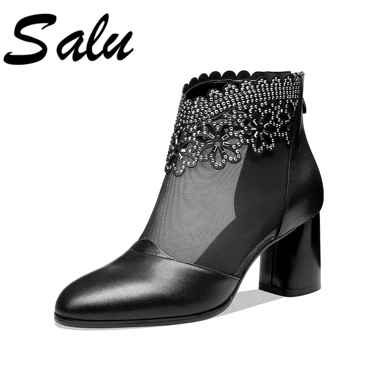 

Salu Women Summer Boots Genuine Leather 7cm Thick High Heel Platform Mesh Surface Breathable Fasion Ankle Boots