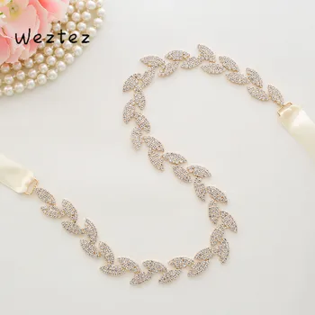 

Rhinestones Leaf Bridal Belt Thin Diamond Wedding Belt Gold Crystal Bridal Sash For Wedding Accessories A198G