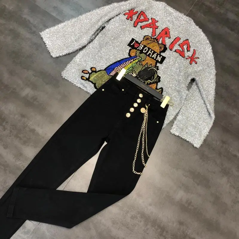 new autumn gold chain waist chain solid color stretch Slim jeans women