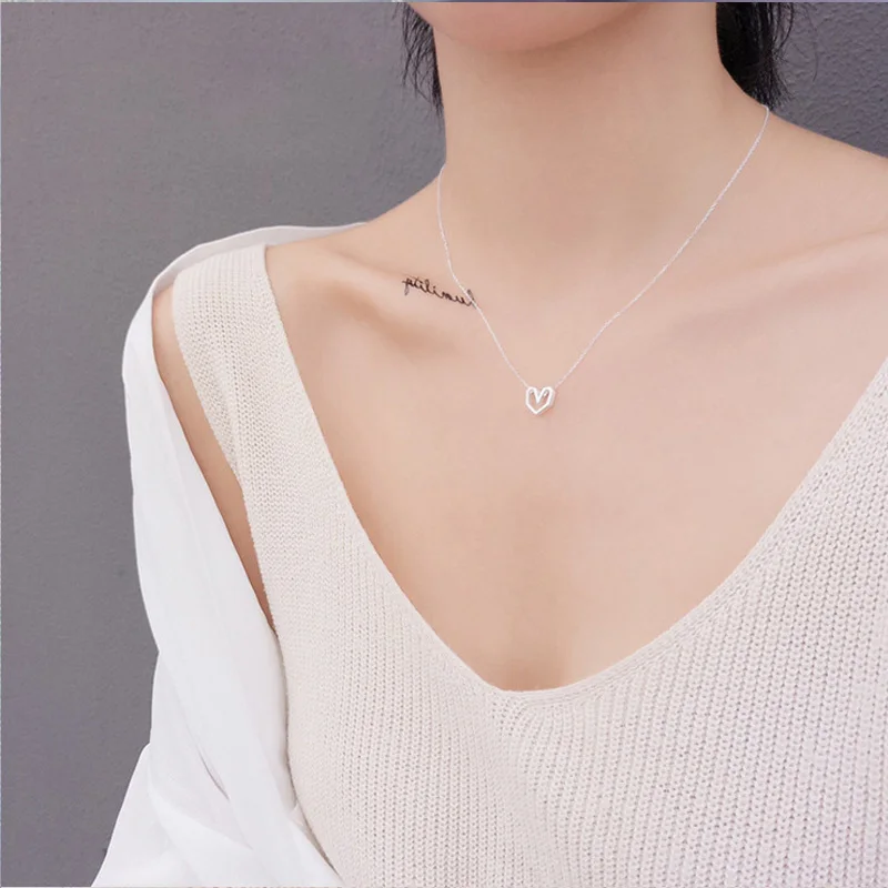 S925 Sterling Silver Simple Design Geometric Edge Love Pendant Clavicle Necklace for Women Fine Jewelry