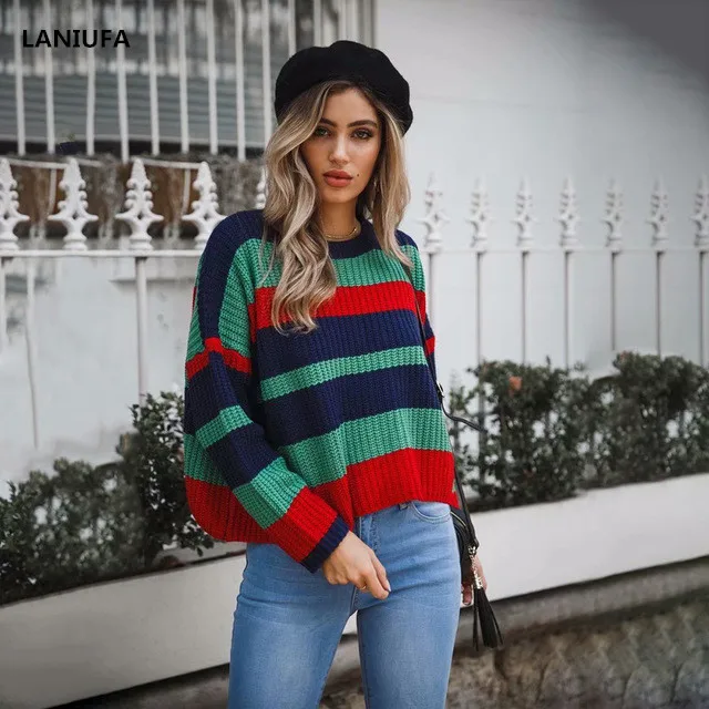Womens Sweaters Autumn Winter Tops Sweater Women stripe Thin Pullover Jumper Pull Femme Casual O-Neck Knitted Sweater Womens