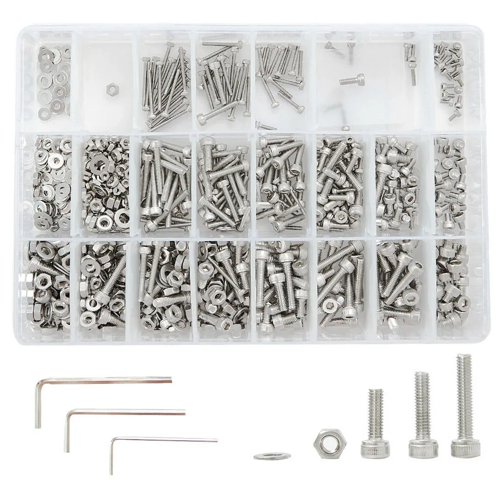 

1080PCS Accessories M2 M3 M4 Head Cap Stainless Steel Thread Assortment Screws Hex Socket Washer Fastener Portable Nut Bolt Set