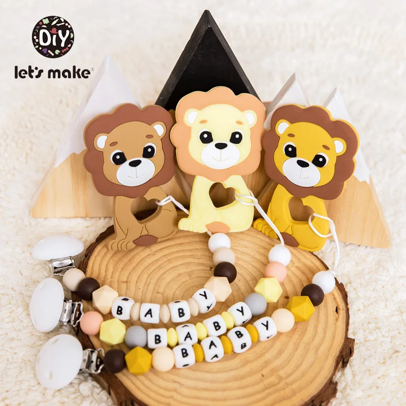 Newest Silicone Teether Lion 5pcs Cartoon Animals Lion Teether For Teeth DIY Teething Necklace Food Grade Tiny Rod Let's Make