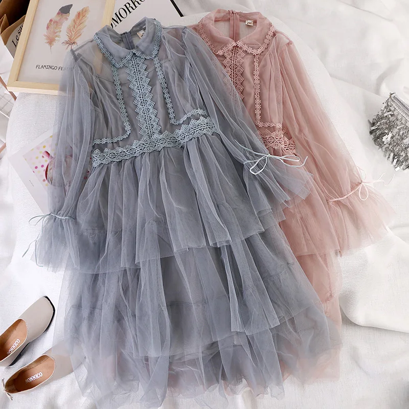 

Women Flare Sleeve Mesh Gauze Tulle Pleated Ruffles Ball Gown Dress Vintage Elastic Slim Hollow Lace Flower Pullover Midi Dress