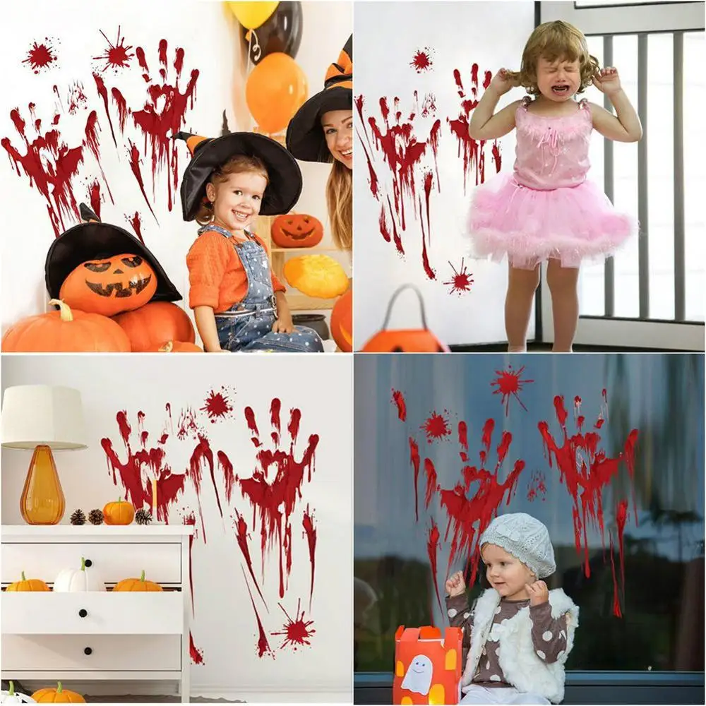 3D Horrible Halloween Decoration Bloody Wall Stickers Fingerprint Blooding Handprint Foot Wallpaper Glass Window Halloween Decor