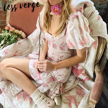 

Puff sleeve ruffle pleated bodycon dress women floral print pink short party dress elegant O neck A line casual summer dress