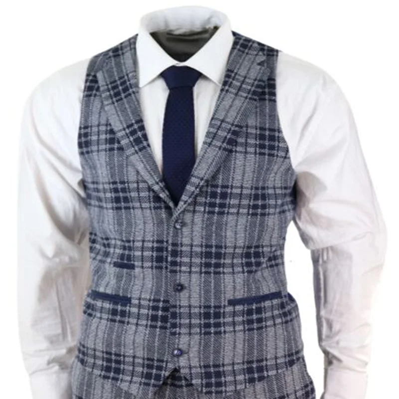 Красивый мужской костюм из смешанной шерсти 3 шт костюм синий Homme Check твид Peaky Blinders костюм