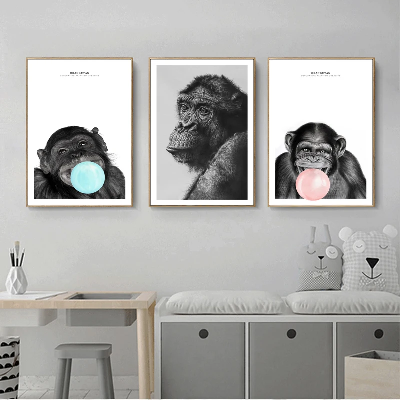 

bstract Baby Monkey Blowing Bubbles Poster Nordic Nursery Wall Art Pictures Print Canvas Painting Baby Room Decoration