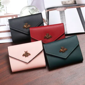 

Bee Leather Wallet Women Short Tri-Fold Small Purse Card Case Simple Ladies Female Fashion New Style PU Leather