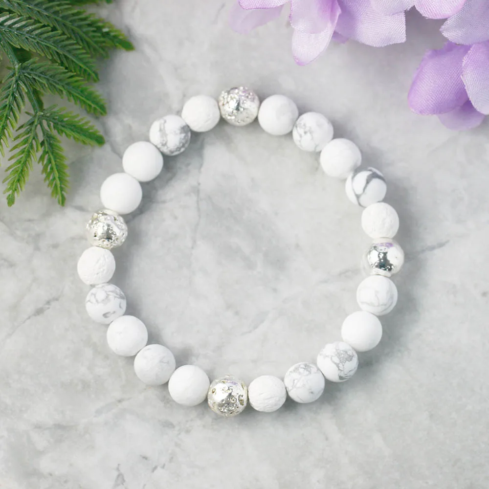 Ruberthen Белый Howlite рассеивающий браслет серебряный браслет из лавы браслет из бисера эфирное масло тревога браслет мраморный браслет с драгоценным камнем