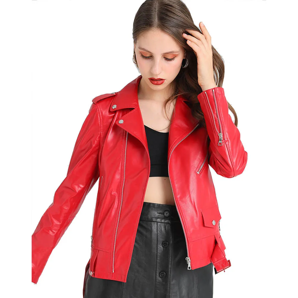 Luhayesa Classic Women Genuine Leather Jacket Red Brown Black Real