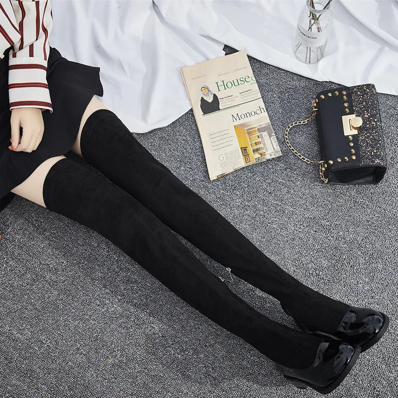 

Small Chili 2019 Autumn And Winter Flat Chunky-Heel Elasticity Hose over-the-Knee Boots Women's Chunky-Heel Stovepipe Lace-up Kn