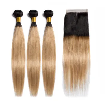 

ALIBELE 1B 27 Blonde Bundles With Closure Ombre Bundle with Closure Brazilian Straight Remy Human Hair Bundles with Lace Closure