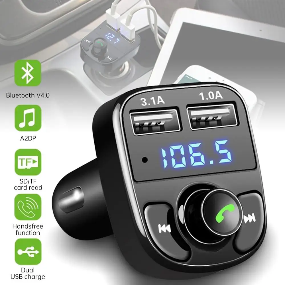 

Bluetooth 5.0 Handsfree Car Kit FM Transmitter 3.1A Quick Dual USB Charger LCD Digital Voltmeter TF Card U disk AUX Player