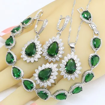 

Water Drop Semi-precious Silver Color Jewelry Sets For Women Bracelet Earrings Rings Necklace Pendant Party Birthday Gift Box