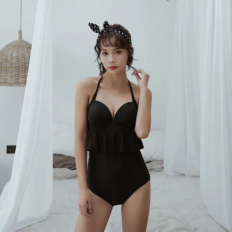 

2019 New Style Solid Color One-piece Swimming Suit Women's Lace Triangle Skirt Conservative Belly Covering Elegant Swimming Suit