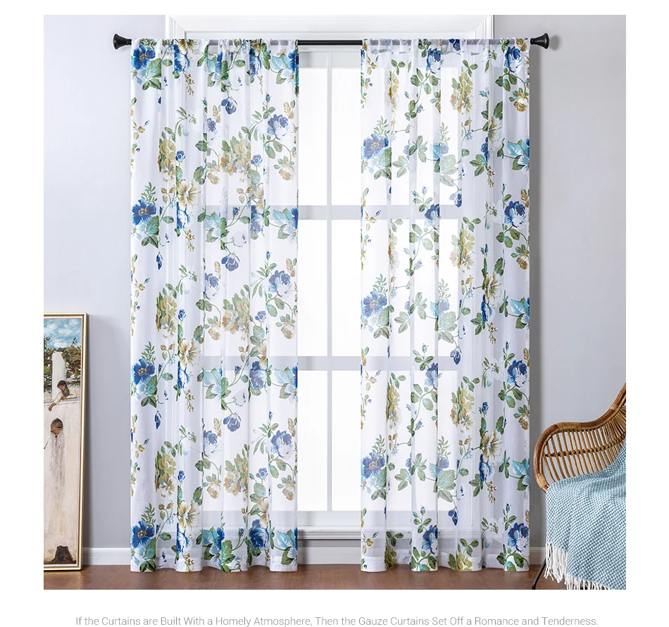 BILEEHOME Tulle Curtains for Living Room Bedroom Mordern Floral Printed Window Treatments Sheer Window Curtain Voile Customized