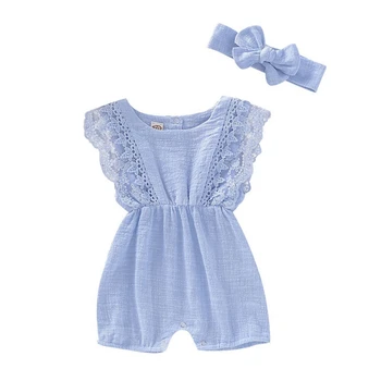 

hilittlekids Summer Newborn Girls Rompers Set Flare Sleeve Solid Print Lace Design Jumpsuit with Headband