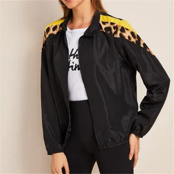 

Women's Autumn Leopard Stitching Coats New Long Sleeves Zippers Punk Loose Coat Fashion Female Black Short Jackets Fall Hot Sale